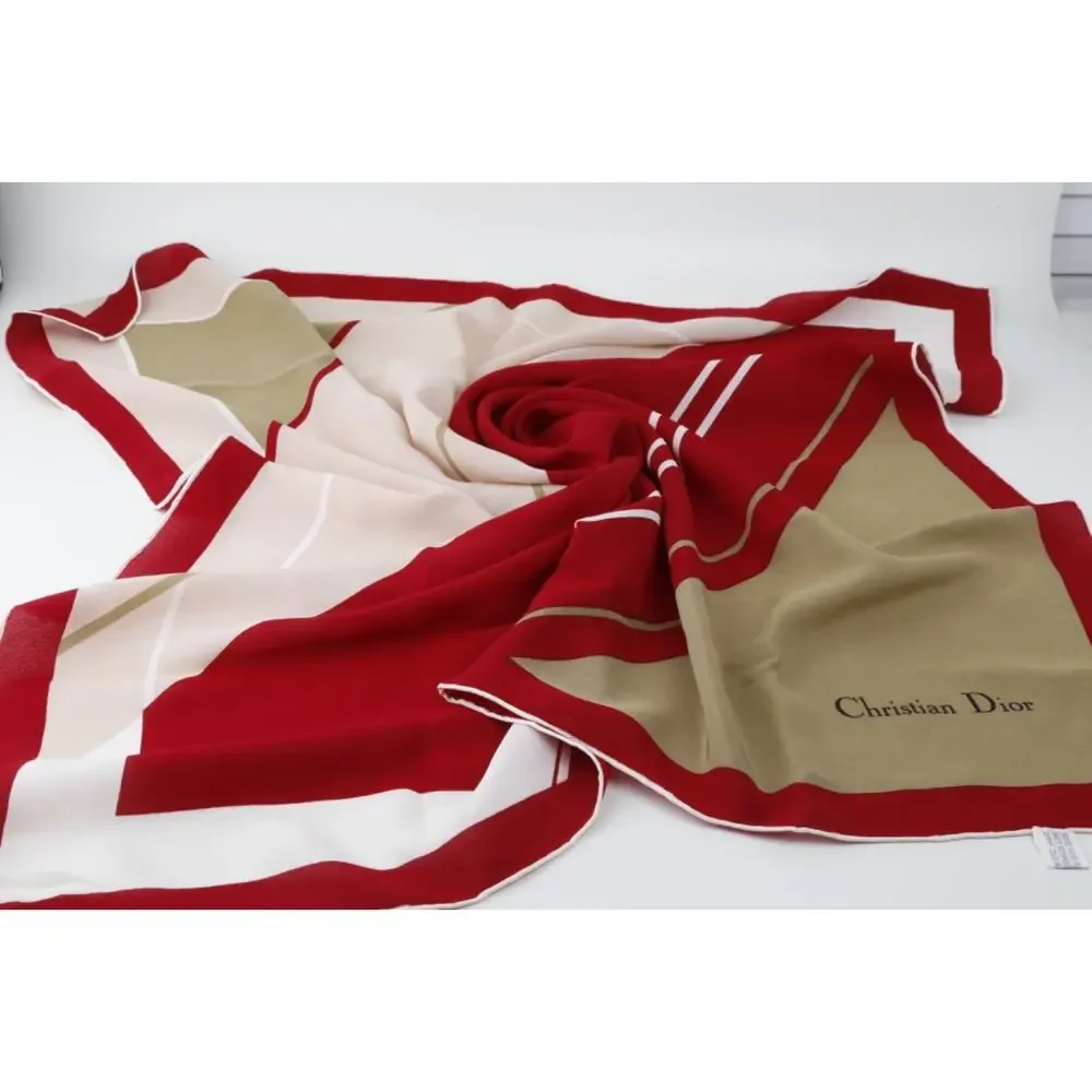 Vintage Christian Dior Silk Square Scarf Beige Tan Red Border White Stripe Logo